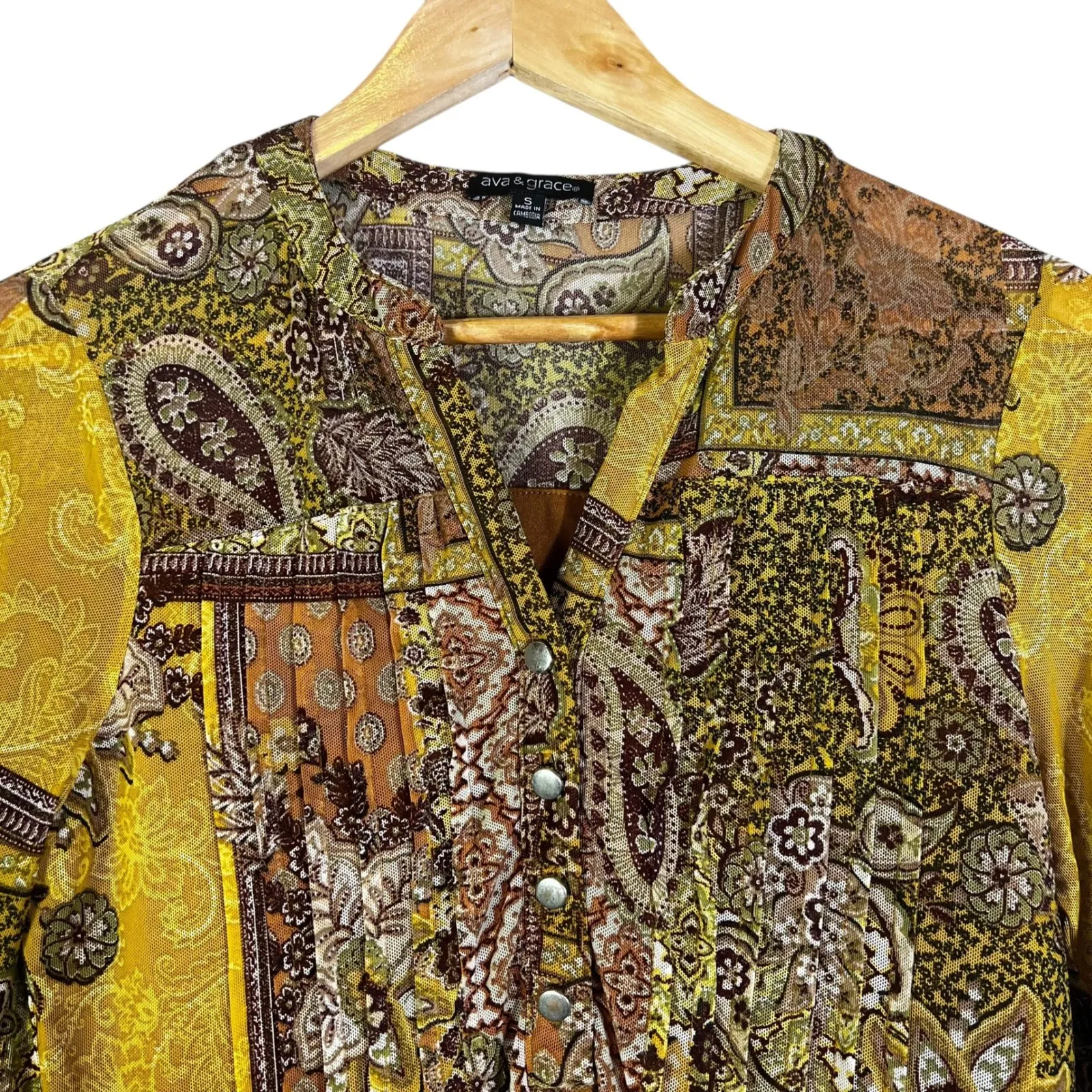 Ava & Grace Patchwork Paisley Collared Button Shirt Women Size S Yellow Brown - Image 2