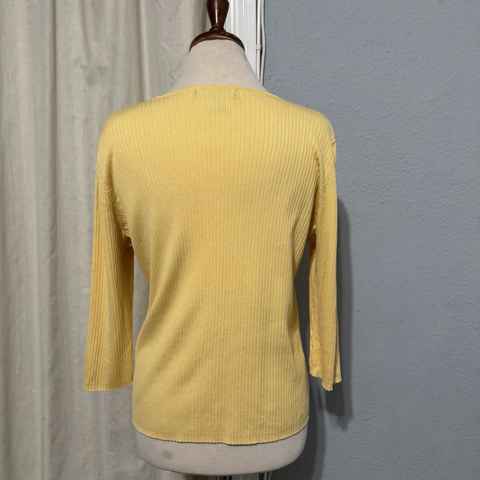 August Silk Women Ribbed Fitted Scoop Neck Knit Top Yellow 3/4 Sleeve XL Silk - Image 4