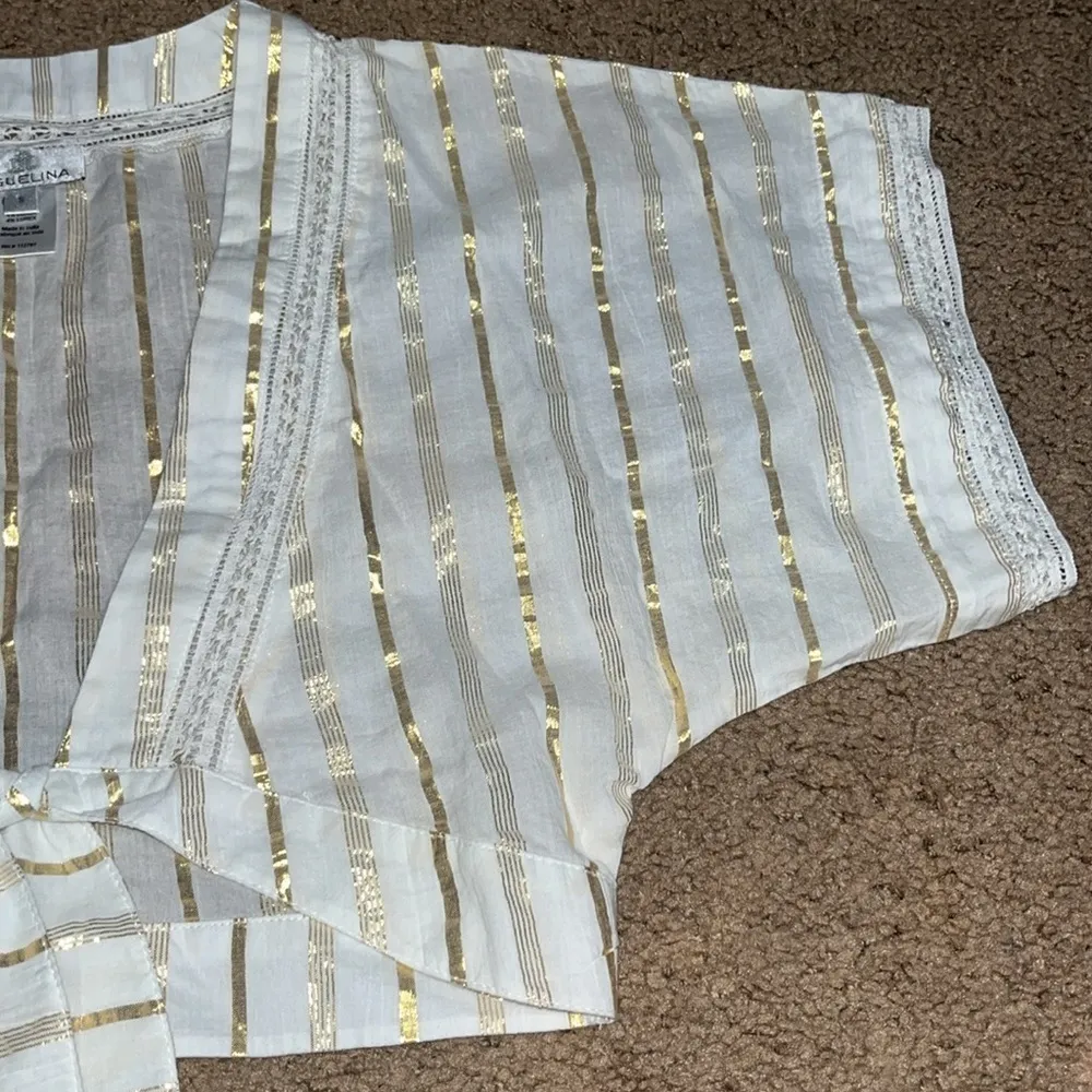 Miguelina Saanchi Cropped Striped Metallic Cotton Gauze Tie Front Tassel Top S‎ White - Image 6