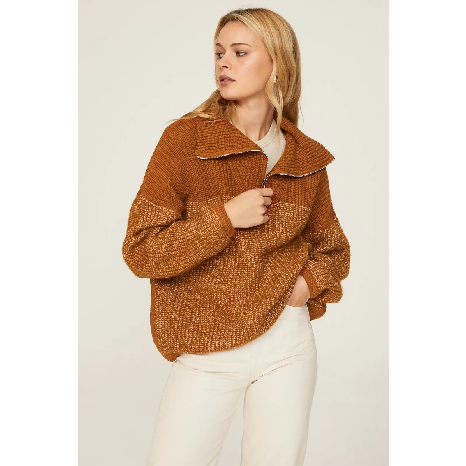 VARLEY Orange Knit Quarter Zip Long Sleeve Oversized Sweater size Large - Image 2