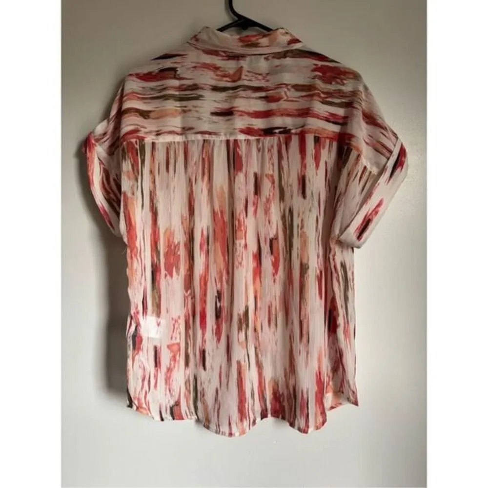 DKNY Women's Sheer Abstract Chiffon Dolman Sleeve Button Top sz S Artsy Beachy - Image 3