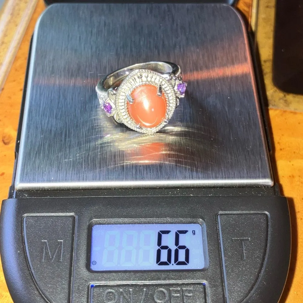 Natural Peach Moonstone African Amethyst Sterling Silver Ring Size 7 - Image 9