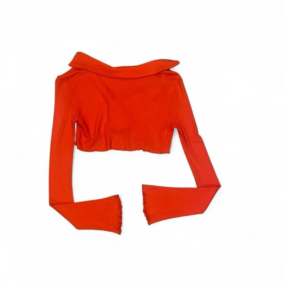 Red orange Edikted waffle knit cropped long sleeve collared top - Image 6