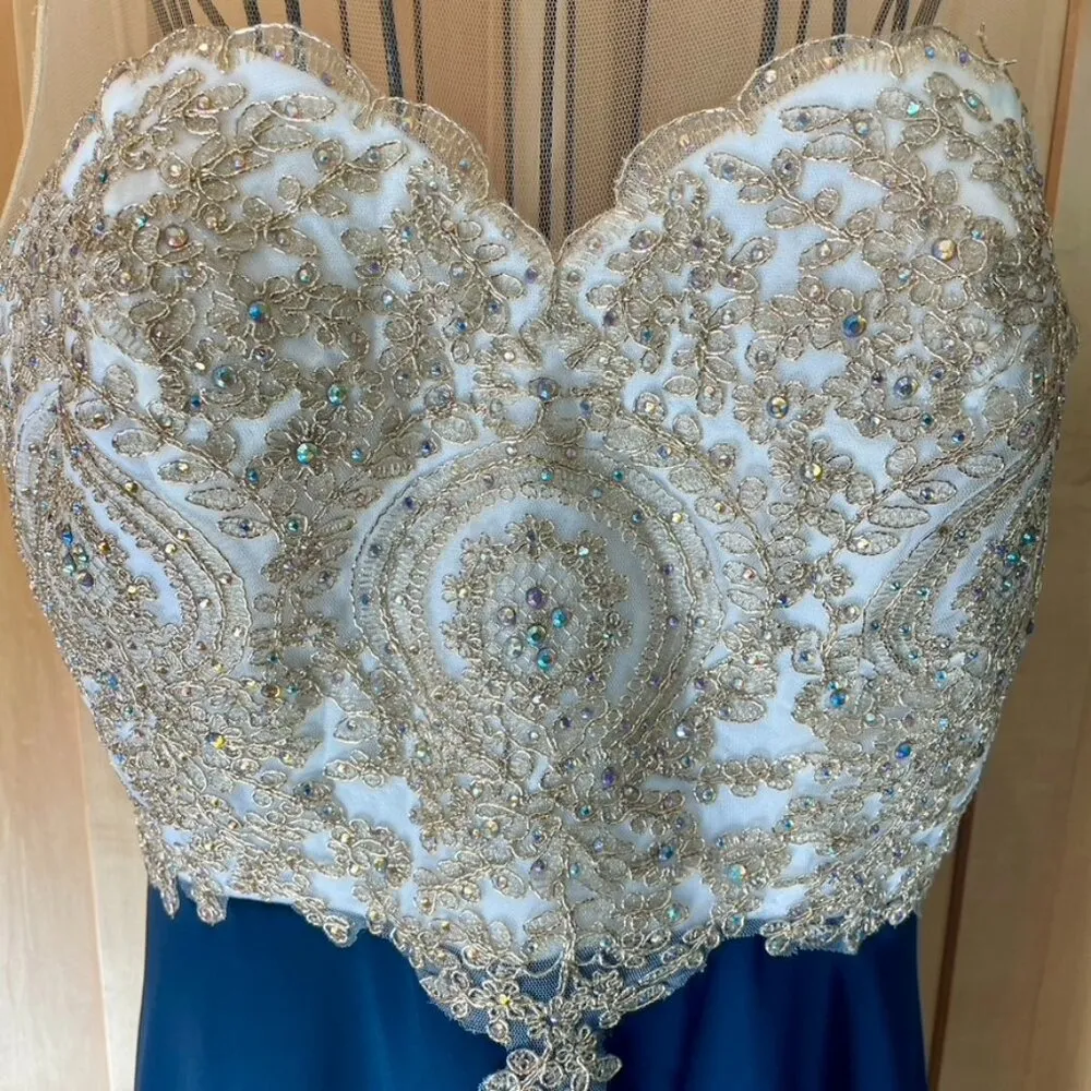 Babyonline D.r.e.s.s. gold lace applique and blue elegant midi Dress size Large - Image 3