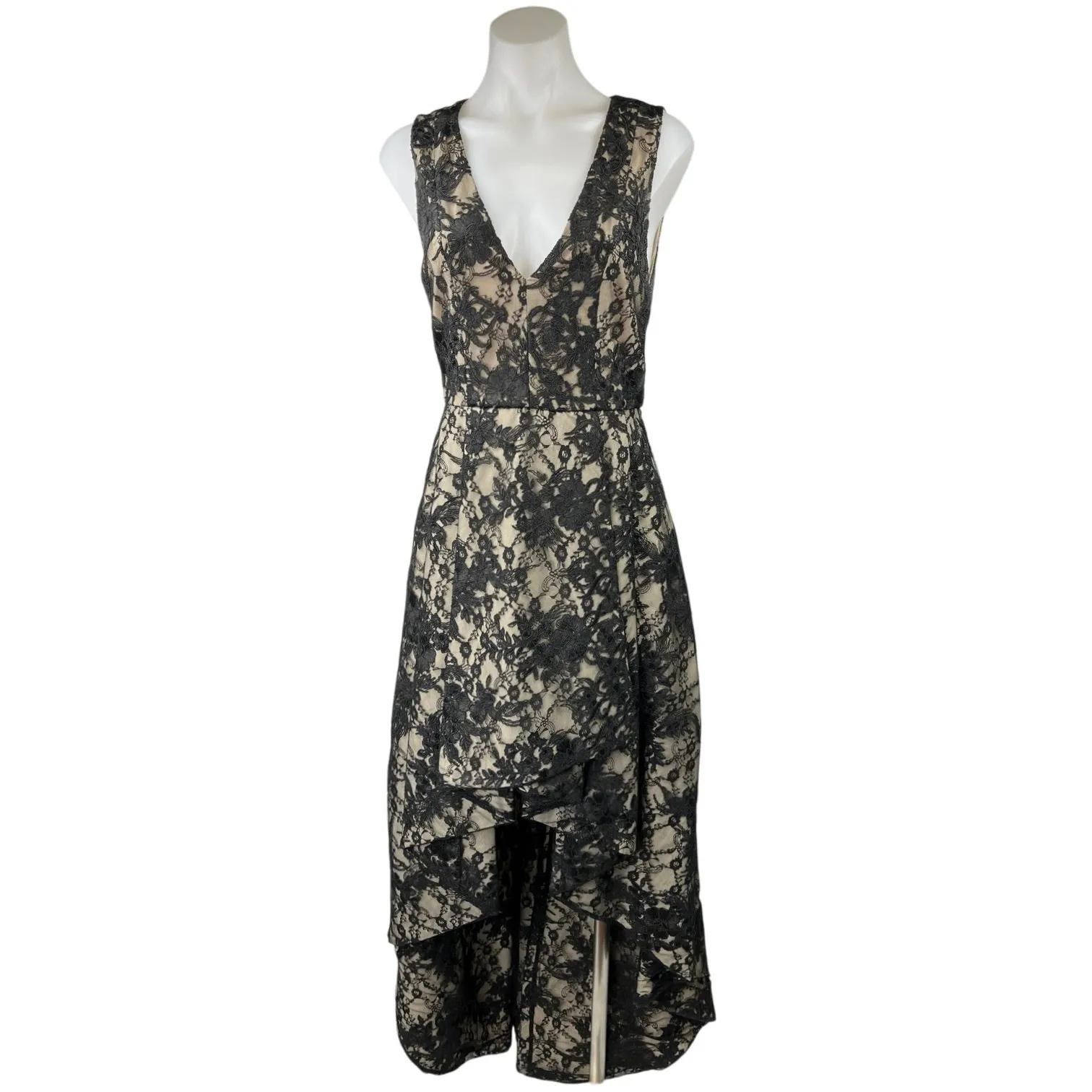 Alice + Olivia Aveena Black Floral Lace Sleeveless High Low Evening Formal Dress - Image 3