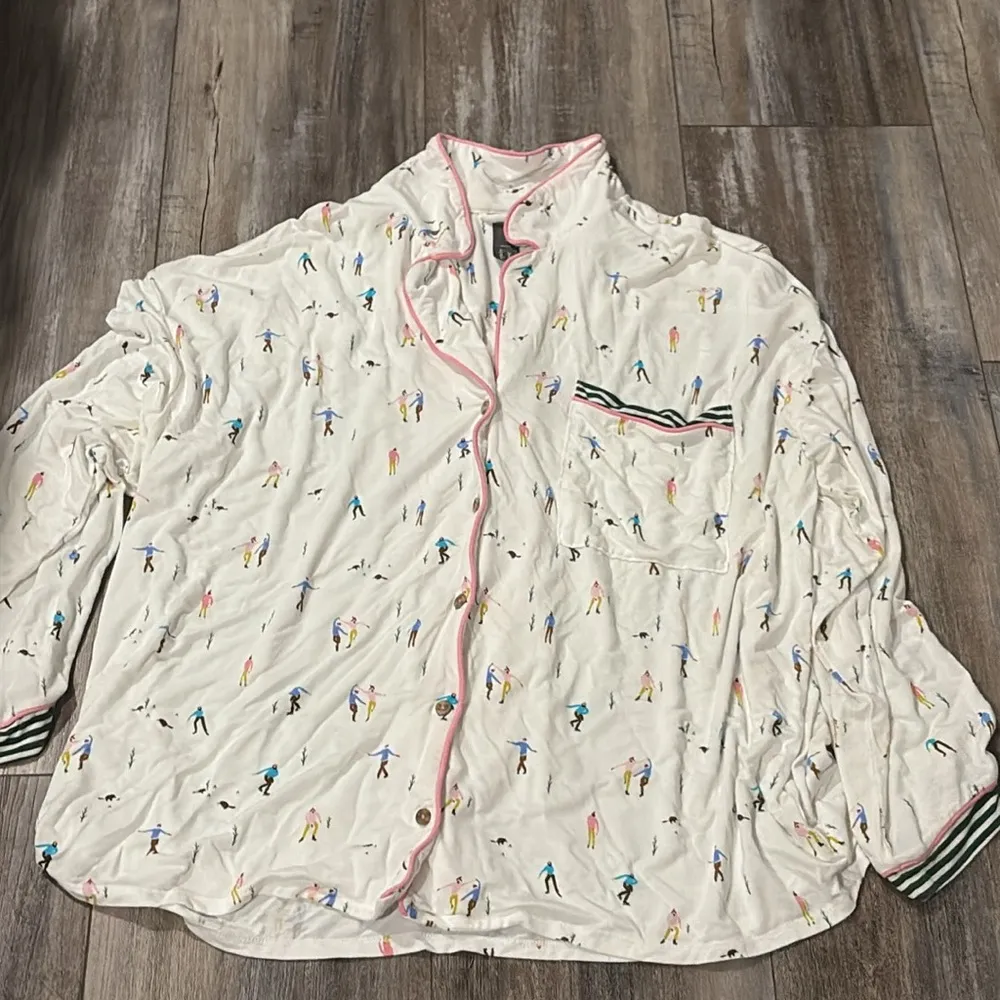 ANTHROPOLOGIE Briar Piped Pajama Set Ice Skaters Art Emily Isabella XL - Image 5