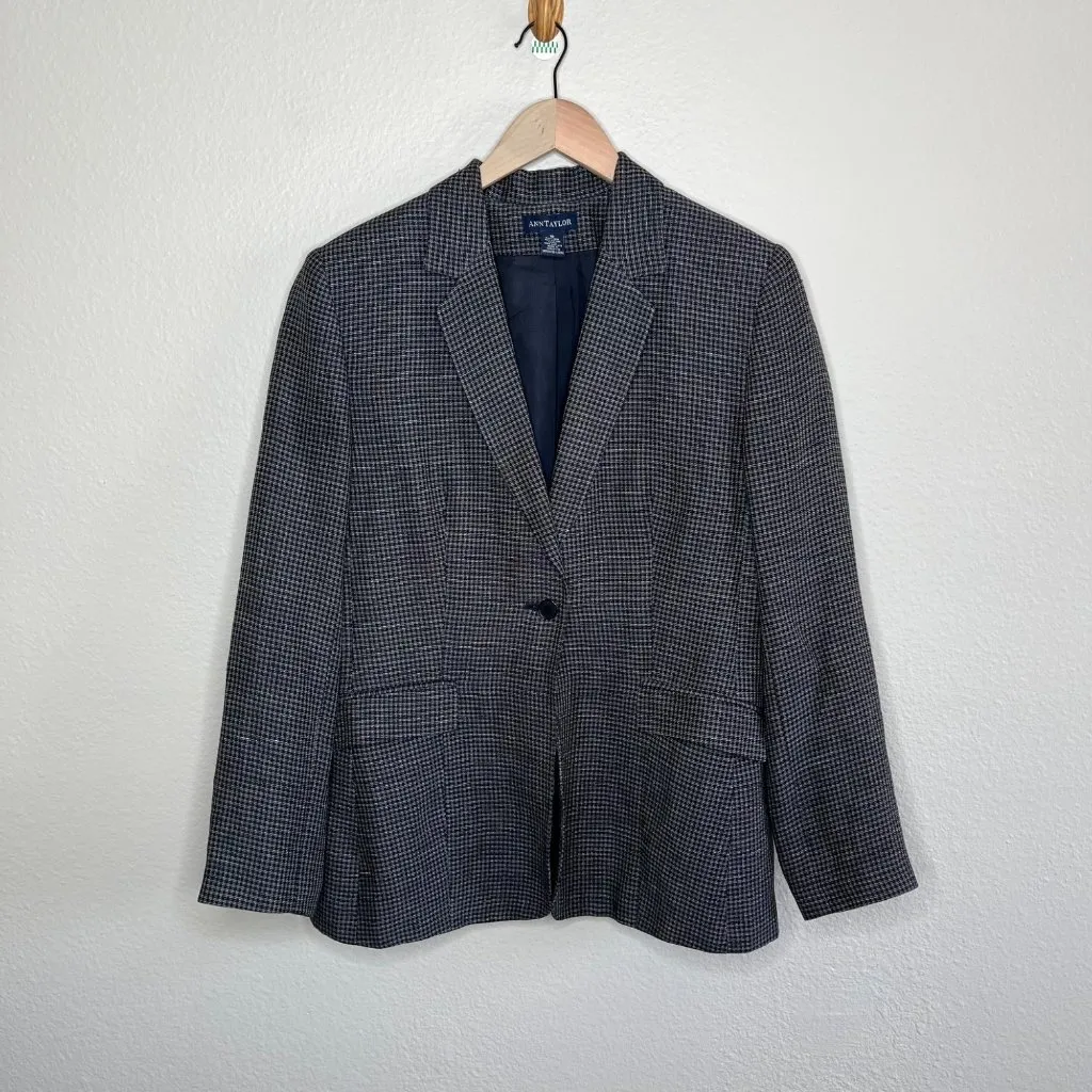 Ann Taylor Black and Navy Micro Plaid Linen Blend Single Breasted academia - Image 2