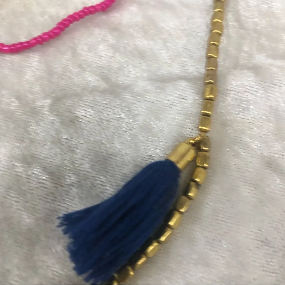 Plunder gold tone beaded multi strand necklace colorful bright tassels pompoms - Image 3