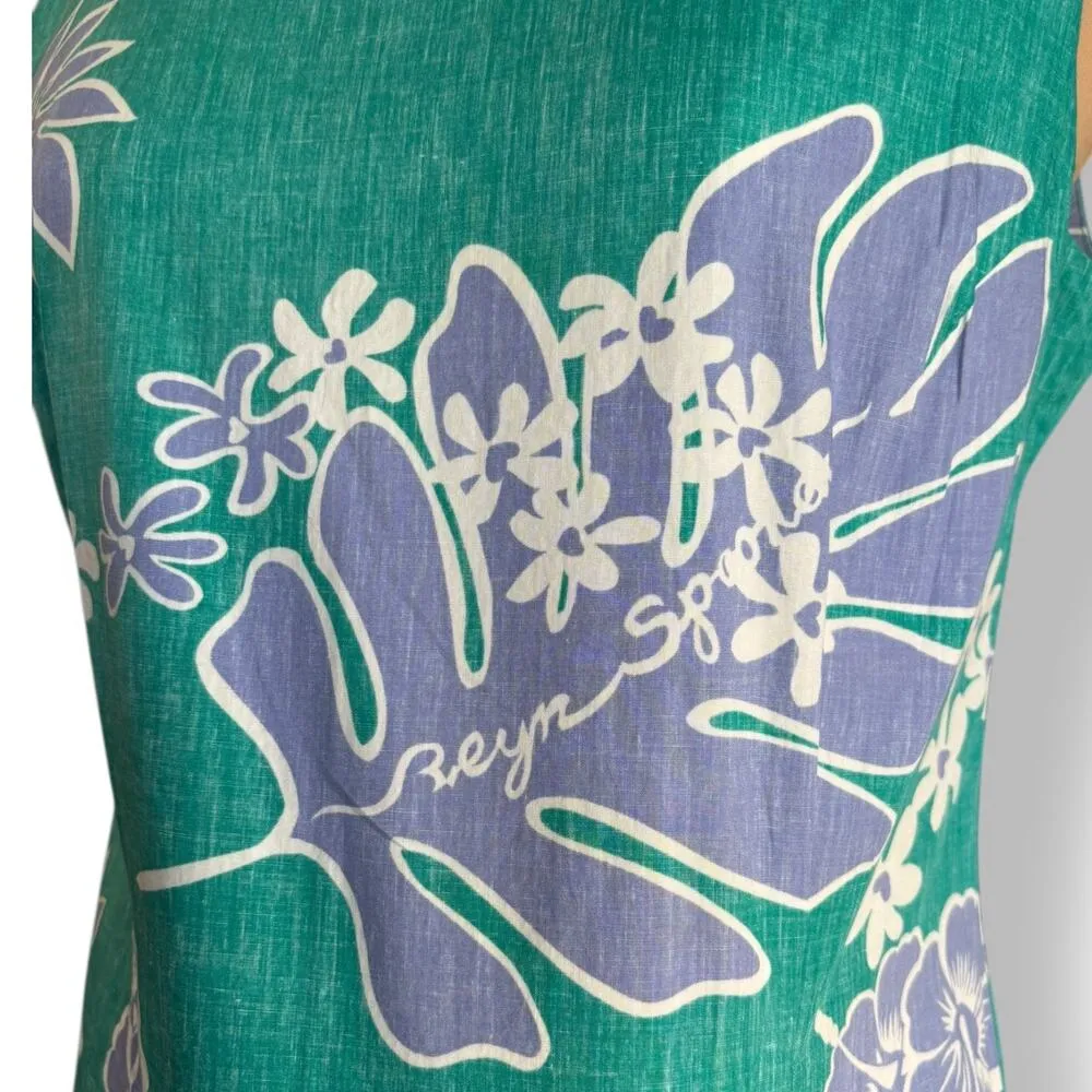 Vintage Reyn Spooner Green Purple Floral Hawaiian Sheath Dress Sleeveless Large - Image 4