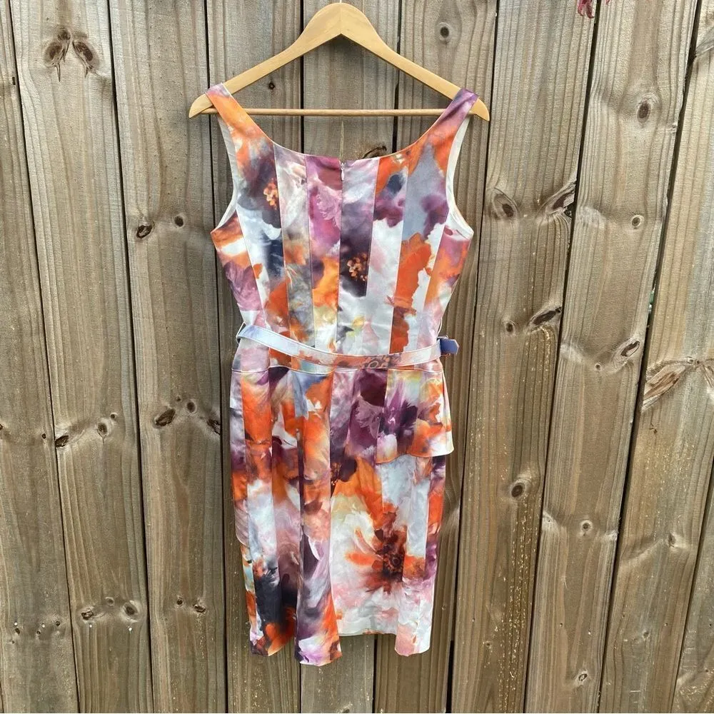 Teri Jon Floral 8 Satin Belted Sheath Knee Length Water color Floral Print Dress Orange - Image 3