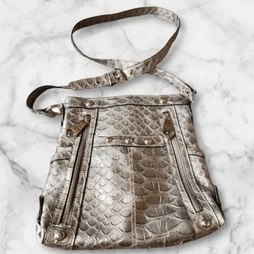 Y2K Vintage Genna De Rossi Women Silver Gator Print Studded Crossbody Bag Exotic - Image 6