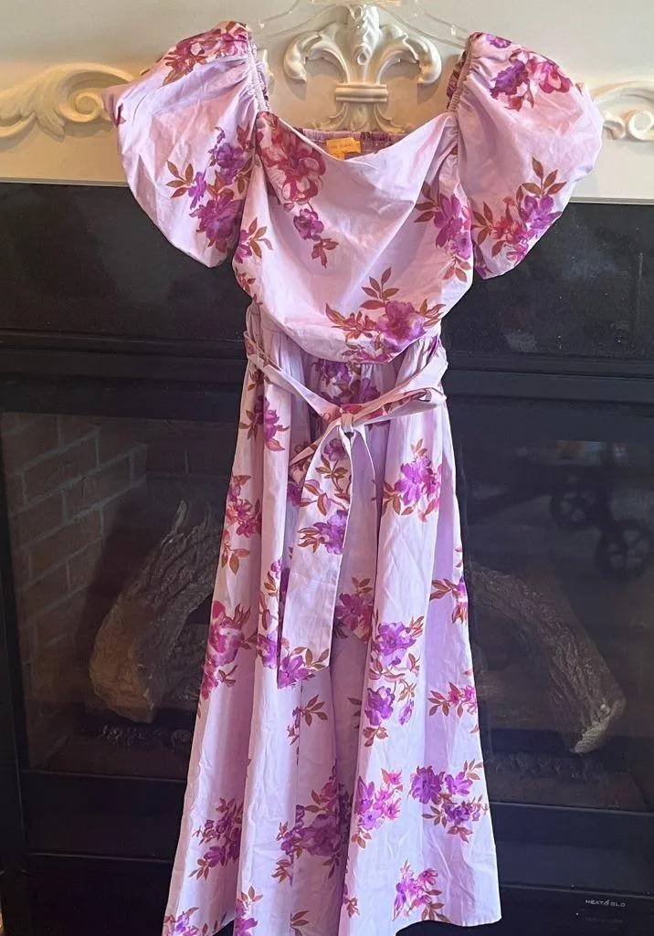 Flying Tomato Lavender Purple Floral Tie Sash Puffed Sleeve Long Dress New - Image 3