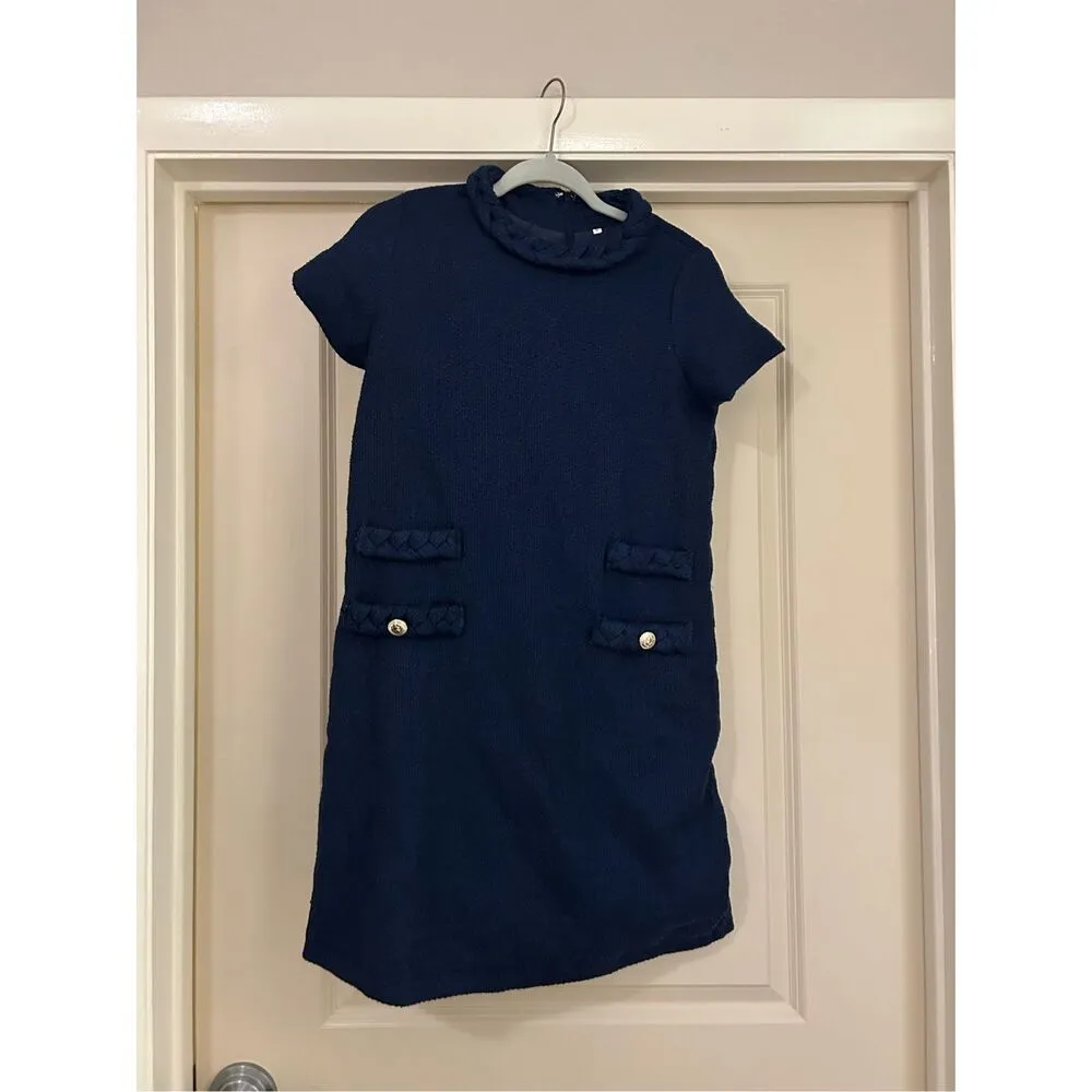 NEW Tweed Mini Crew Neck Career Elegant Dress S Blue - Image 3