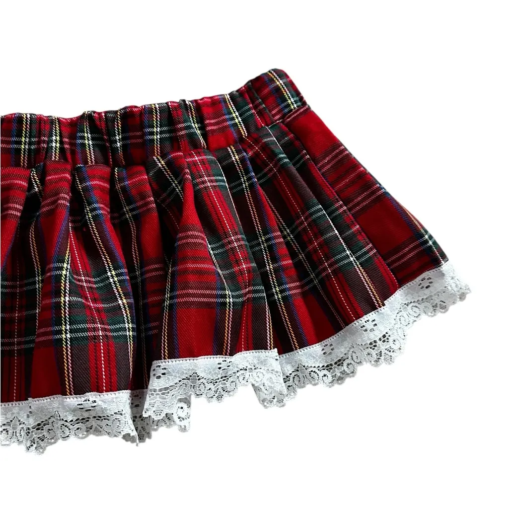 Red Tartan Plaid Micro Mini Skirt White Lace Low Rise School Girl Gothic Size M Size M - Image 4