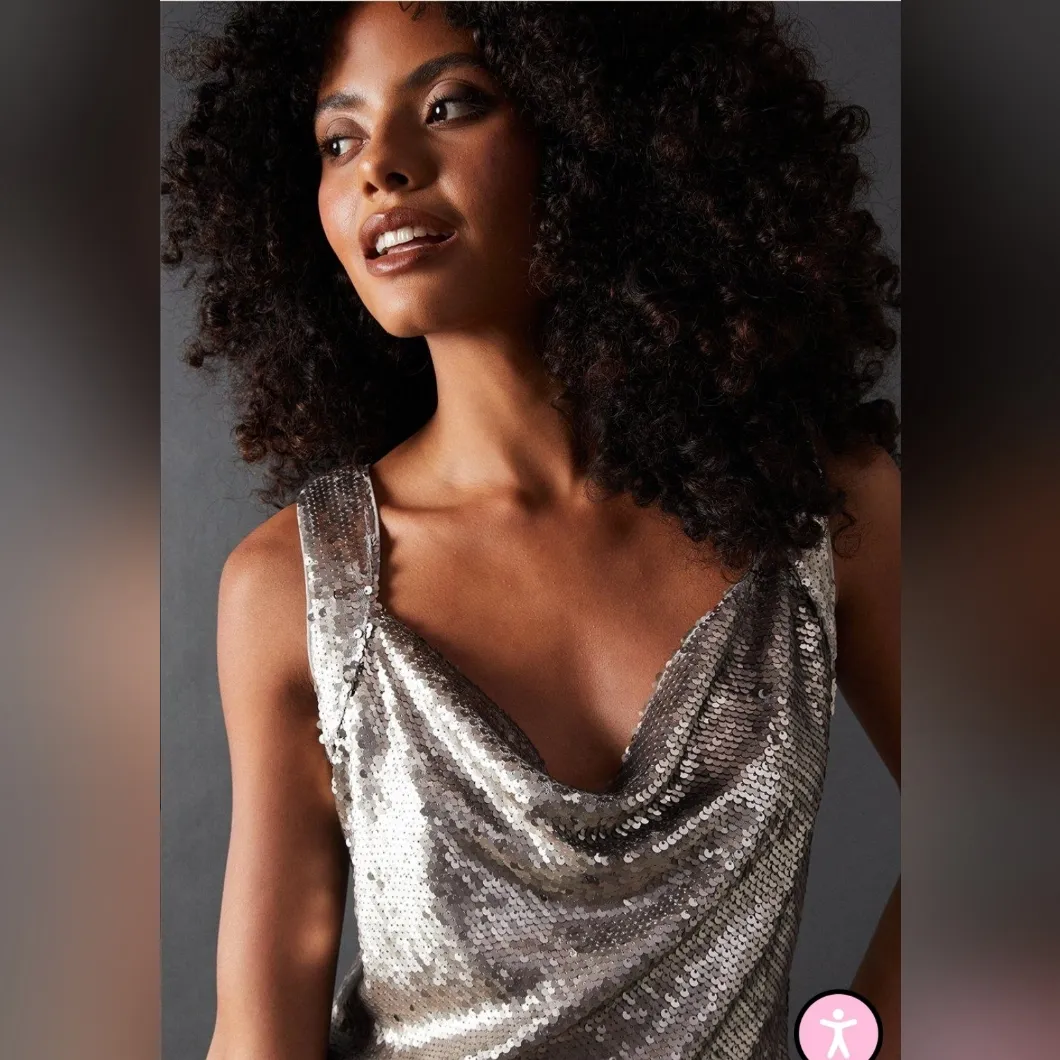 Warehouse Matte Sequin Cowl Neck Mini Dress Gun Metal Size 12 Silver - Image 2