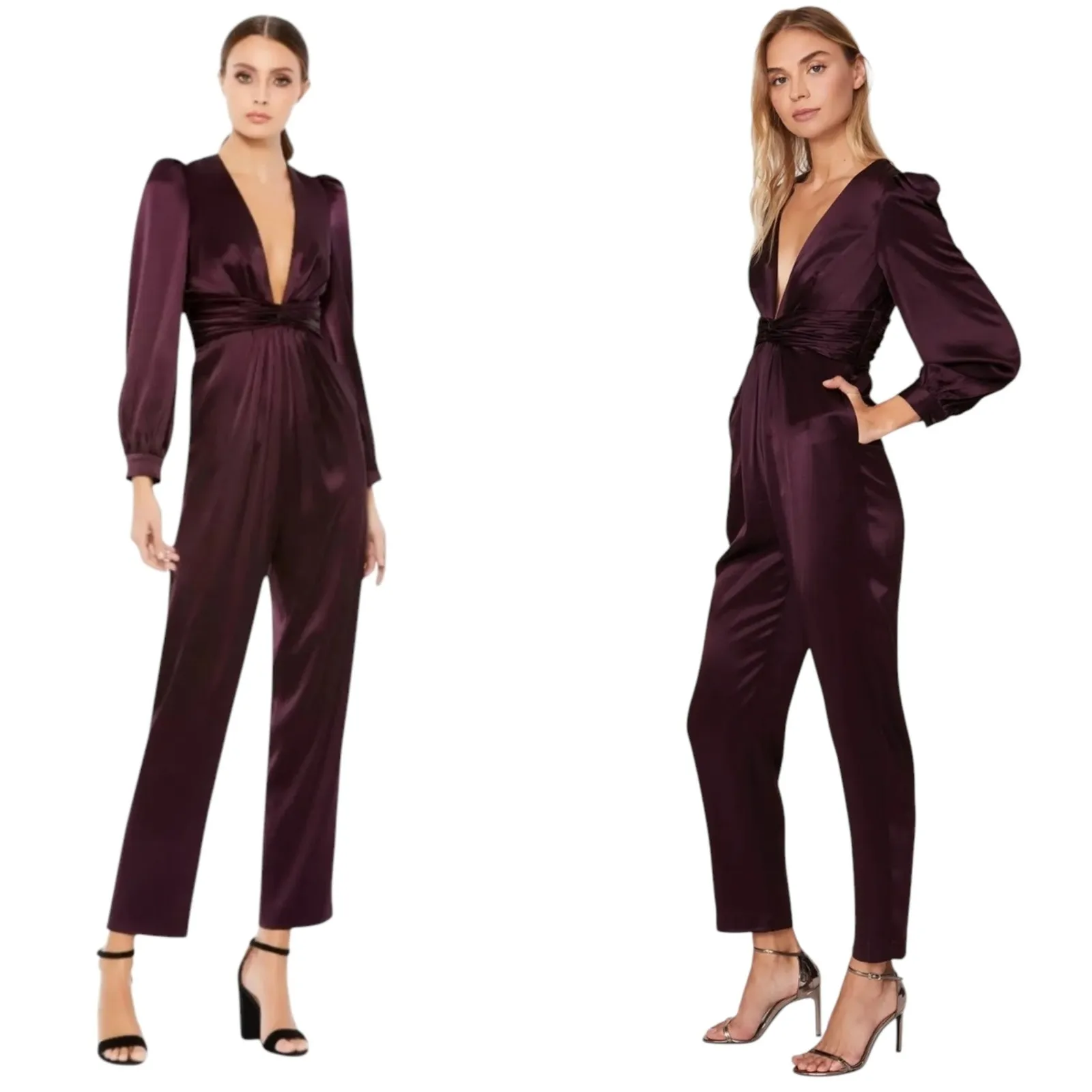 Mac Duggal Plum Purple Puff Sleeve Deep V Twist Jumpsuit Sz 2 - Image 3