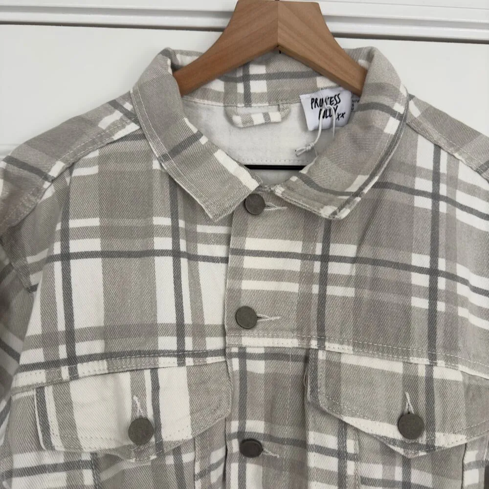 Princess Polly Brielle Denim Jacket in Beige Check Plaid Button Down 100% Cotton - Image 9