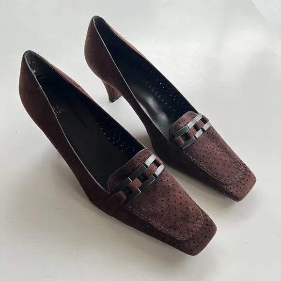 Stuart Weitzman Brown Perforated Suede Square Toe Heeled Pump Size 7M‎ Work - Image 6