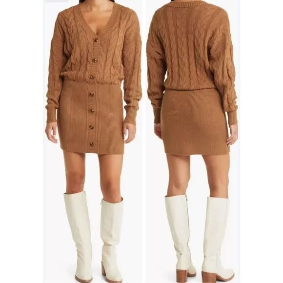 Steve Madden sweater dress fisherman knit V-neck pull over size medium brown NWO - Image 2