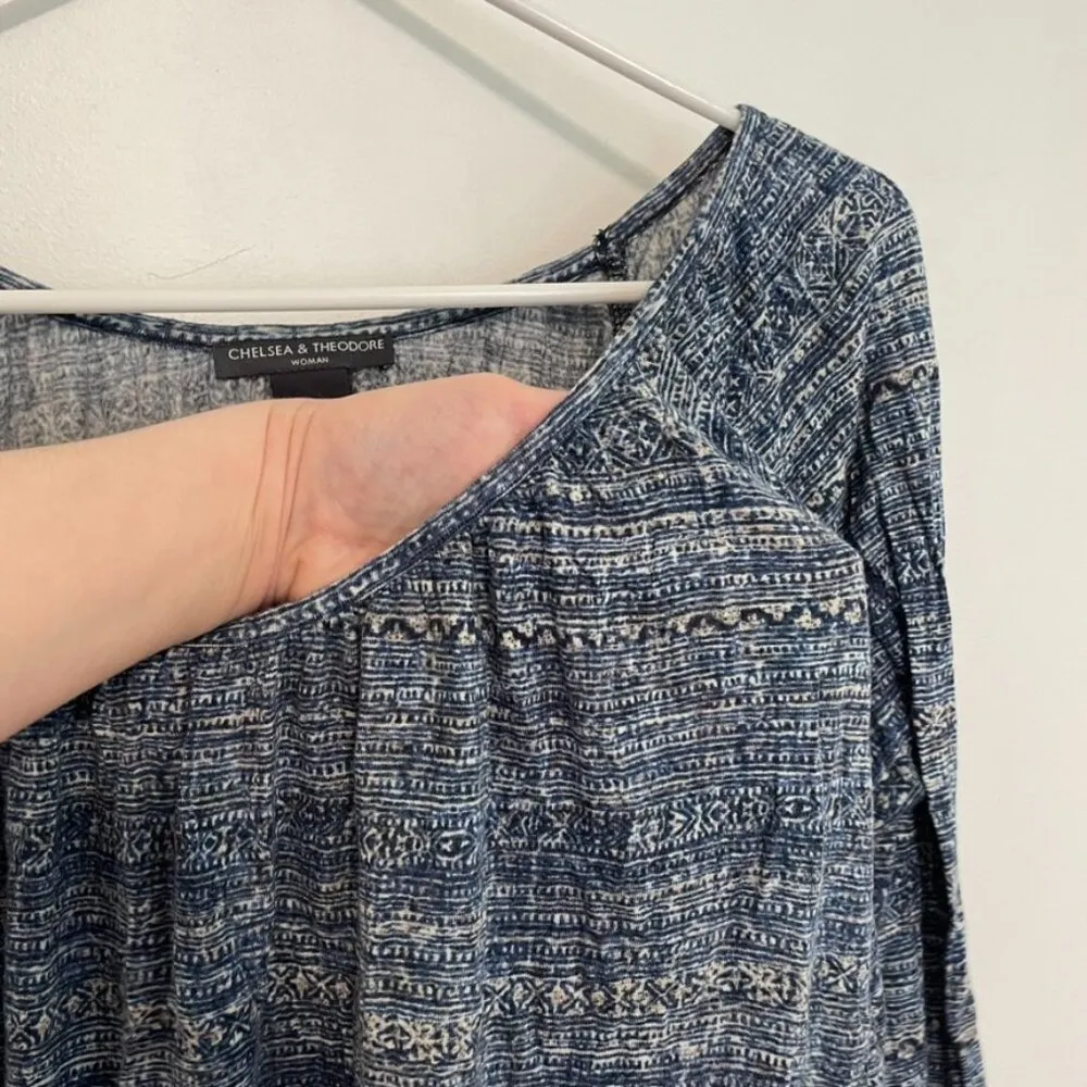 CHELSEA & THEODORE Plus Size Blue Cream Aztec Tribal 3/4 Sleeve Peasant Blouse - Image 6