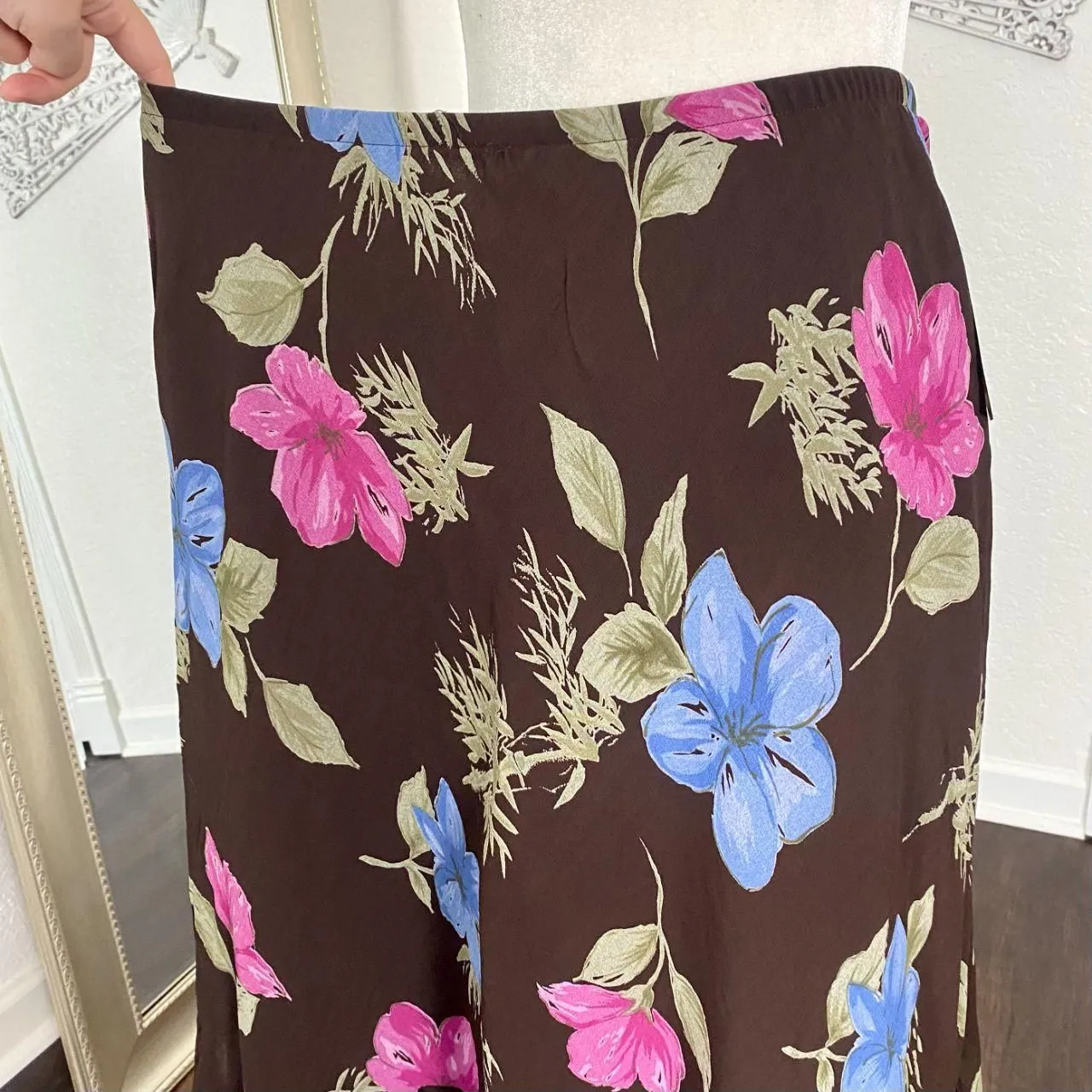 Deadstock JM Collection NWT Early 2000's Ruffle Brown Mesh Floral Midi Skirt 16W - Image 5