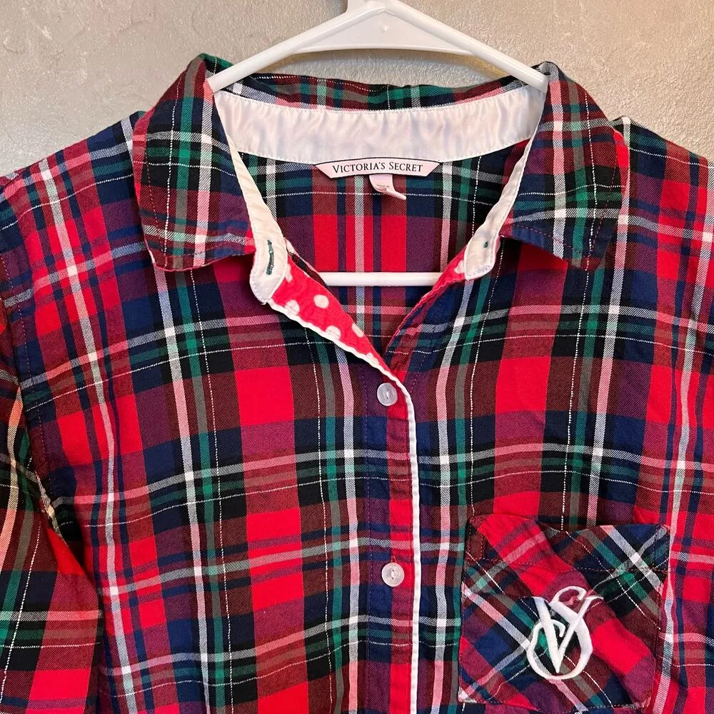 Victoria's Secret Red Plaid Long Sleeve Button Down Christmas Pajama Top Size XS - Image 3