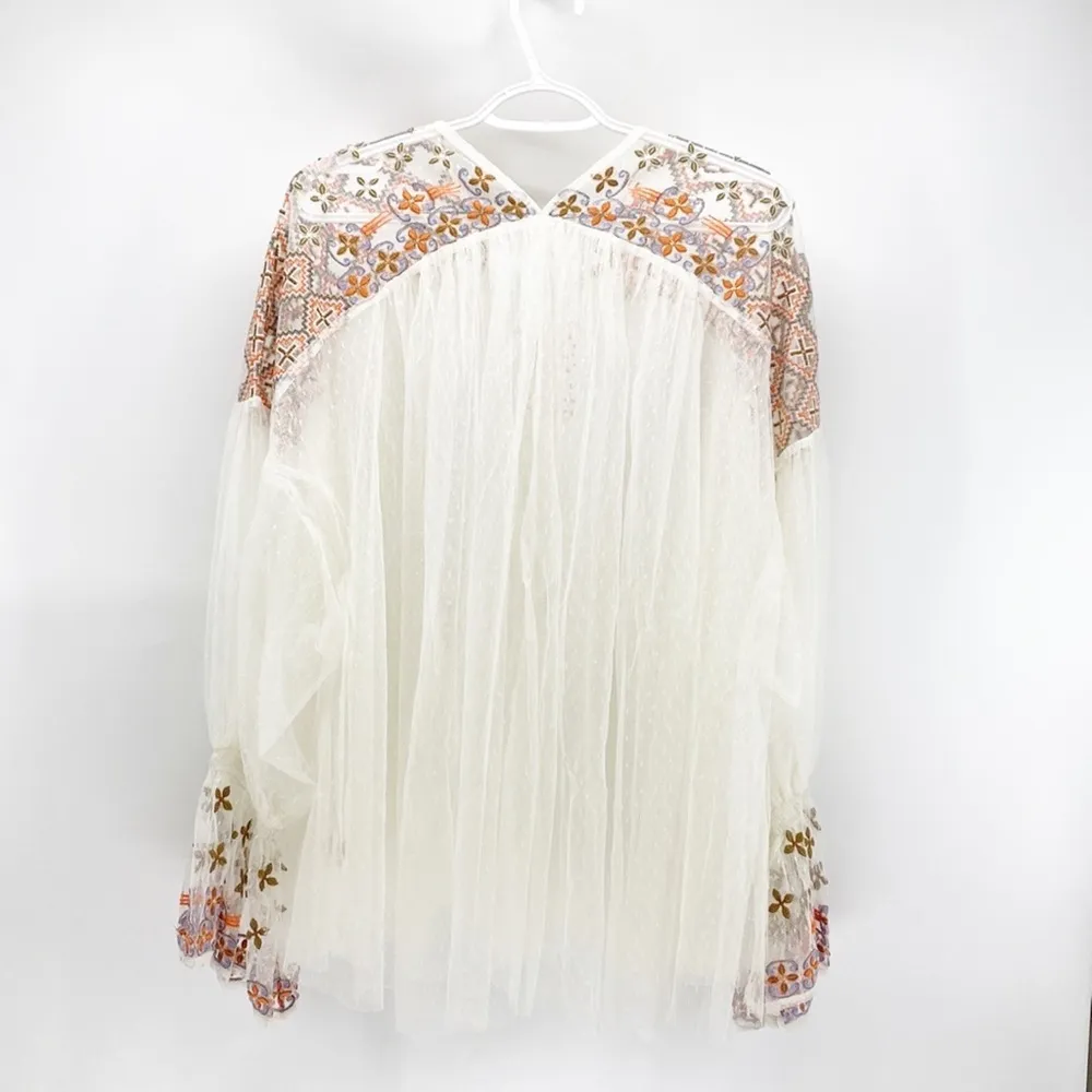 Ivory XS Joyride Sheer Mesh Embroidered Long Sleeve Boho Blouse oversized - Image 9