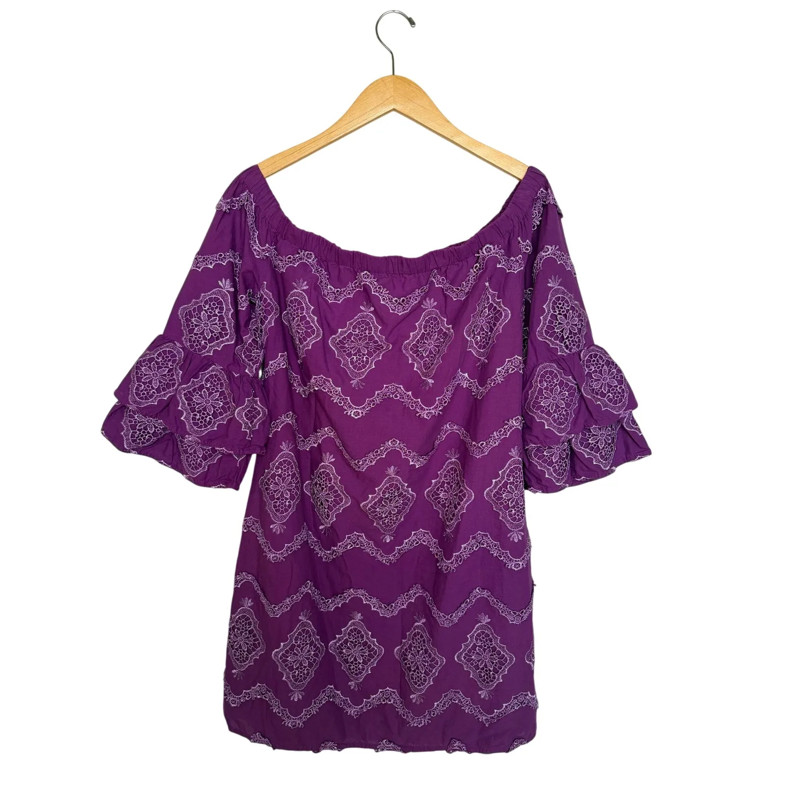 Boston Proper Metallic Lace Detail Off The Shoulder Shift Dress Women’s M Purple - Image 8