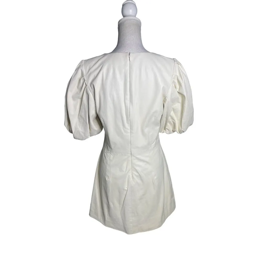 FRAME Denim Nina Puff Sleeve Leather Mini Dress Bone Womens Size Large - Image 6