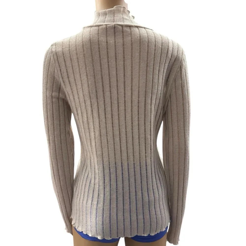 Pilcro Semi Sheer Metallic Knit Lettuce Hem Beige Mock Neck Sweater Size Medium Tan - Image 3