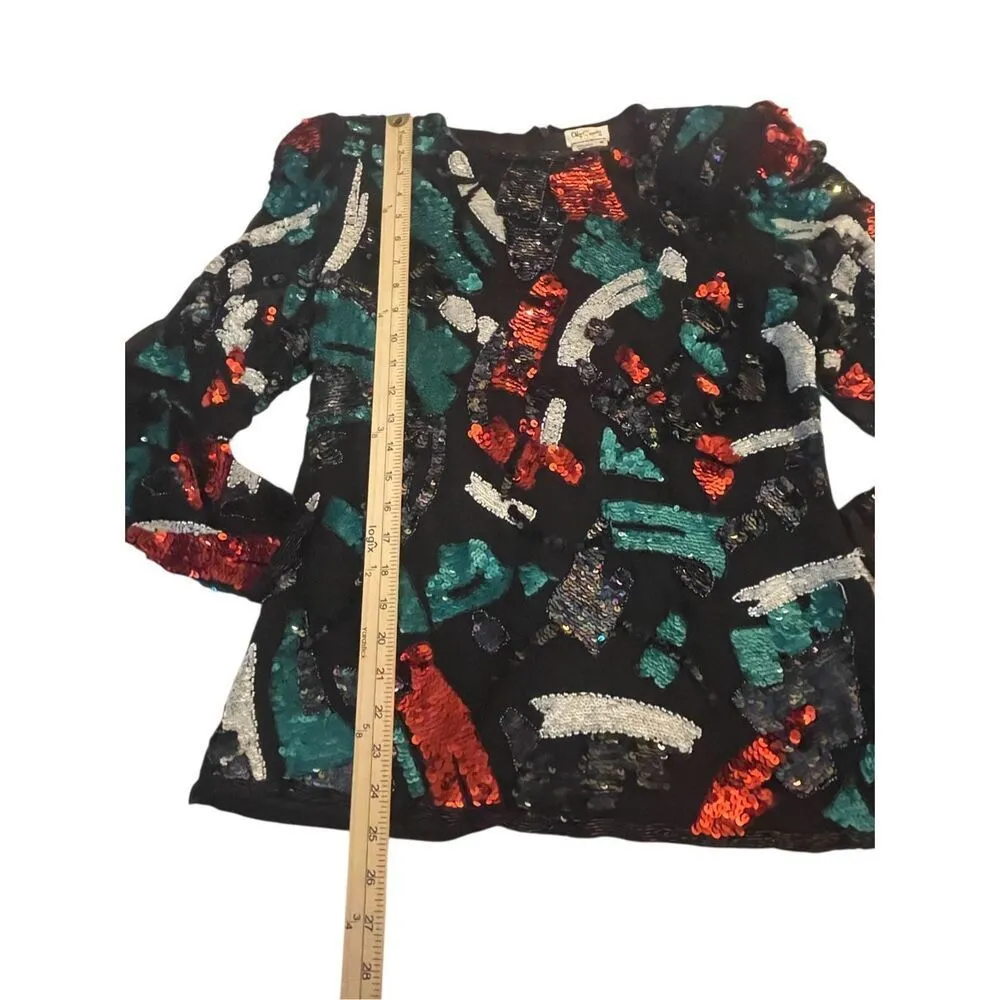 Vintage Oleg Cassini Floral Sequin Beaded 100% Silk Blouse M Party Holiday Red Size M - Image 11