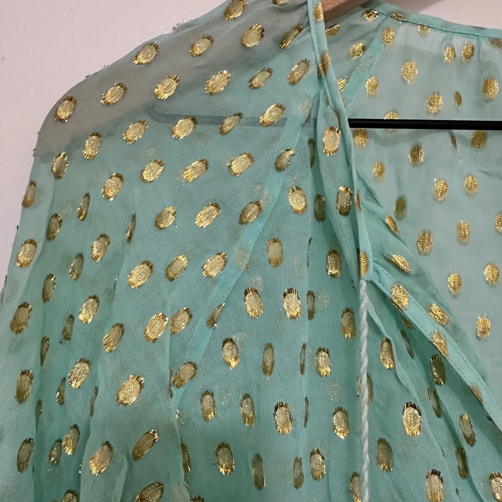 LILLY PULITZER | Rilla Silk Blend Seafoam Green Gold Dot Tassel Blouse Top, S - Image 6