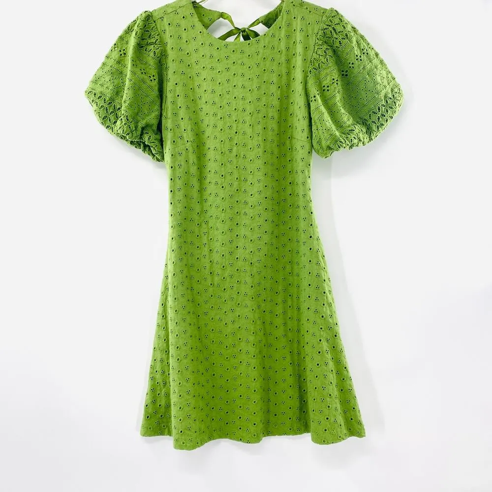 NEW Free People Apricot Eyelet Green Puff Sleeve Open Tie Back Mini Dress XS - Image 2