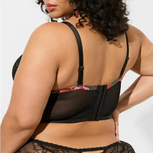 Torrid Black Lace and Retro Rose Floral Print XO Plunge Push-Up Bra Size 42C - Image 2