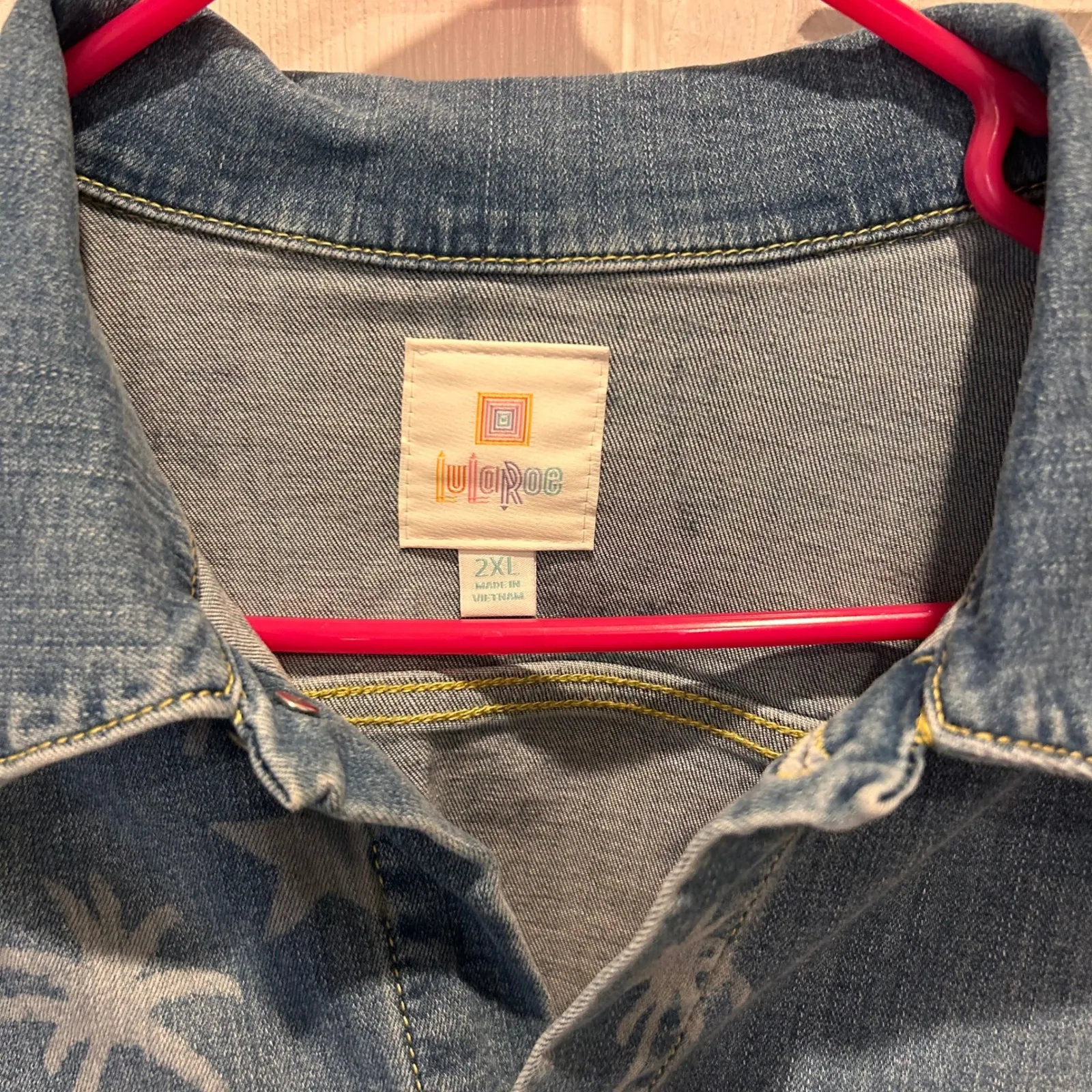 LuLaRoe Denim Jacket Kenny 2‎ XL Stars & Palm Trees Jean Stretch Beach Classic - Image 2