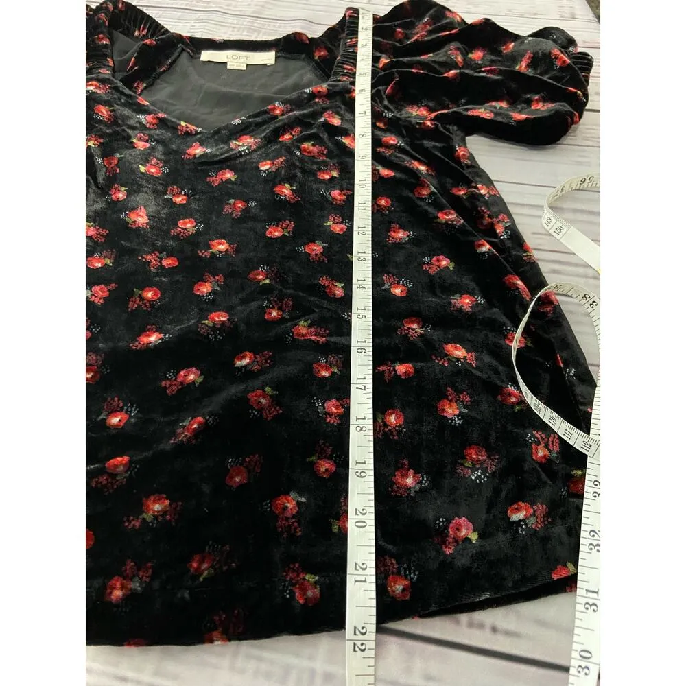 Loft Puff Sleeve Velvet Top Womens XXSp Petites Sweetheart Neck Floral - Image 7