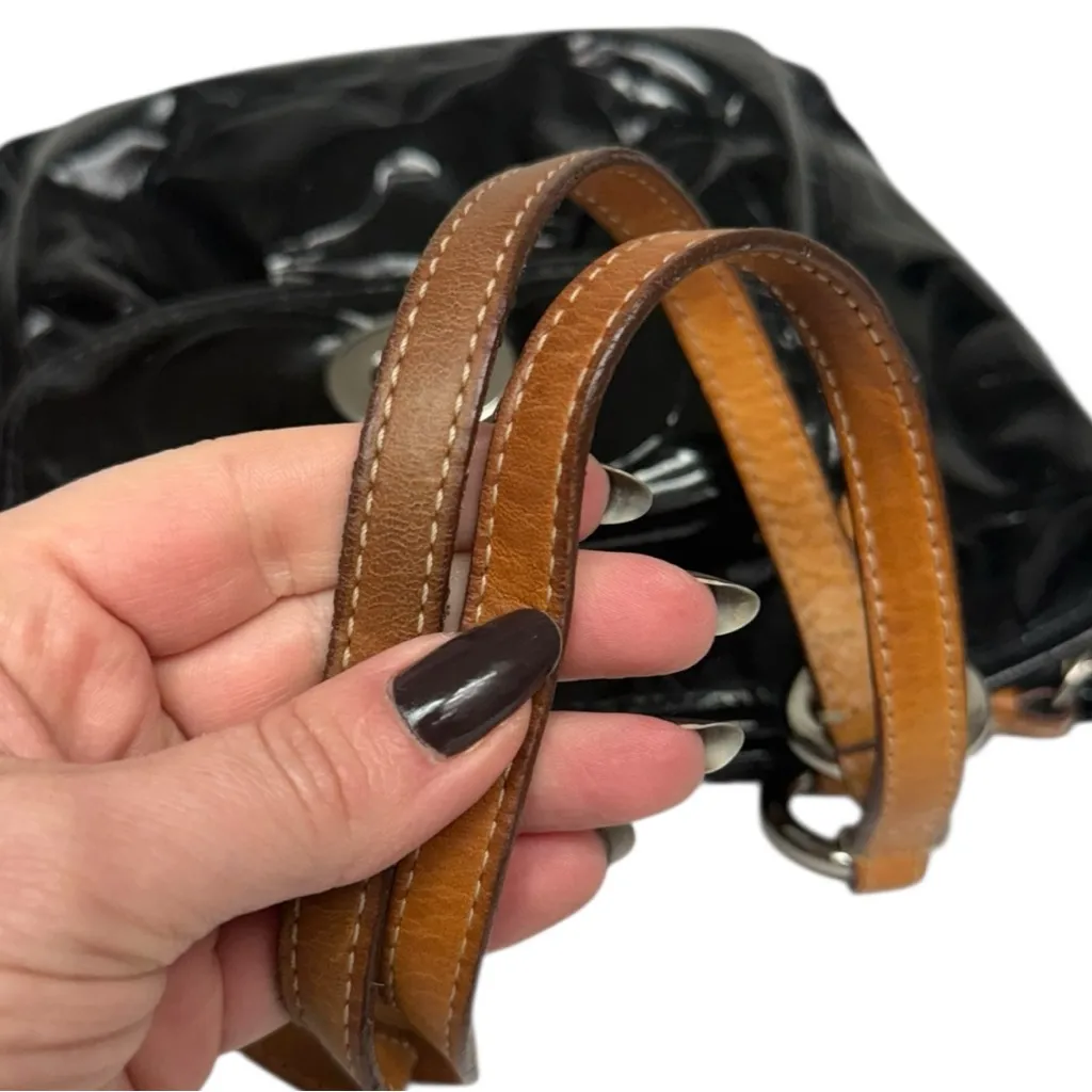 Vintage Coach Black Patent Leather Signature Tote Bag Tan Leather Handles - Image 8