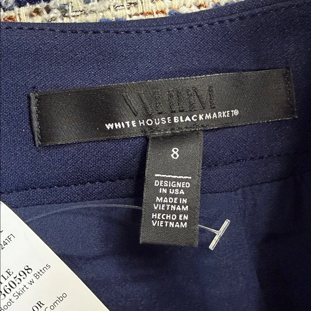 White House Black Market NWT Navy Ecru Combo Tweed Boot Skirt With Buttons - Image 6