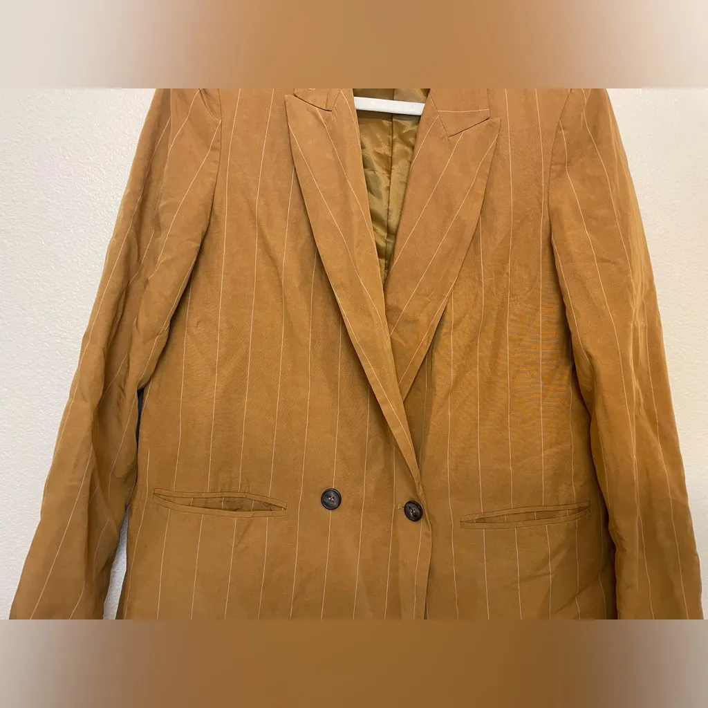 Zara Women’s Linen-blend Striped Blazer‎ Jacket in Mustard Yellow Size S - Image 5