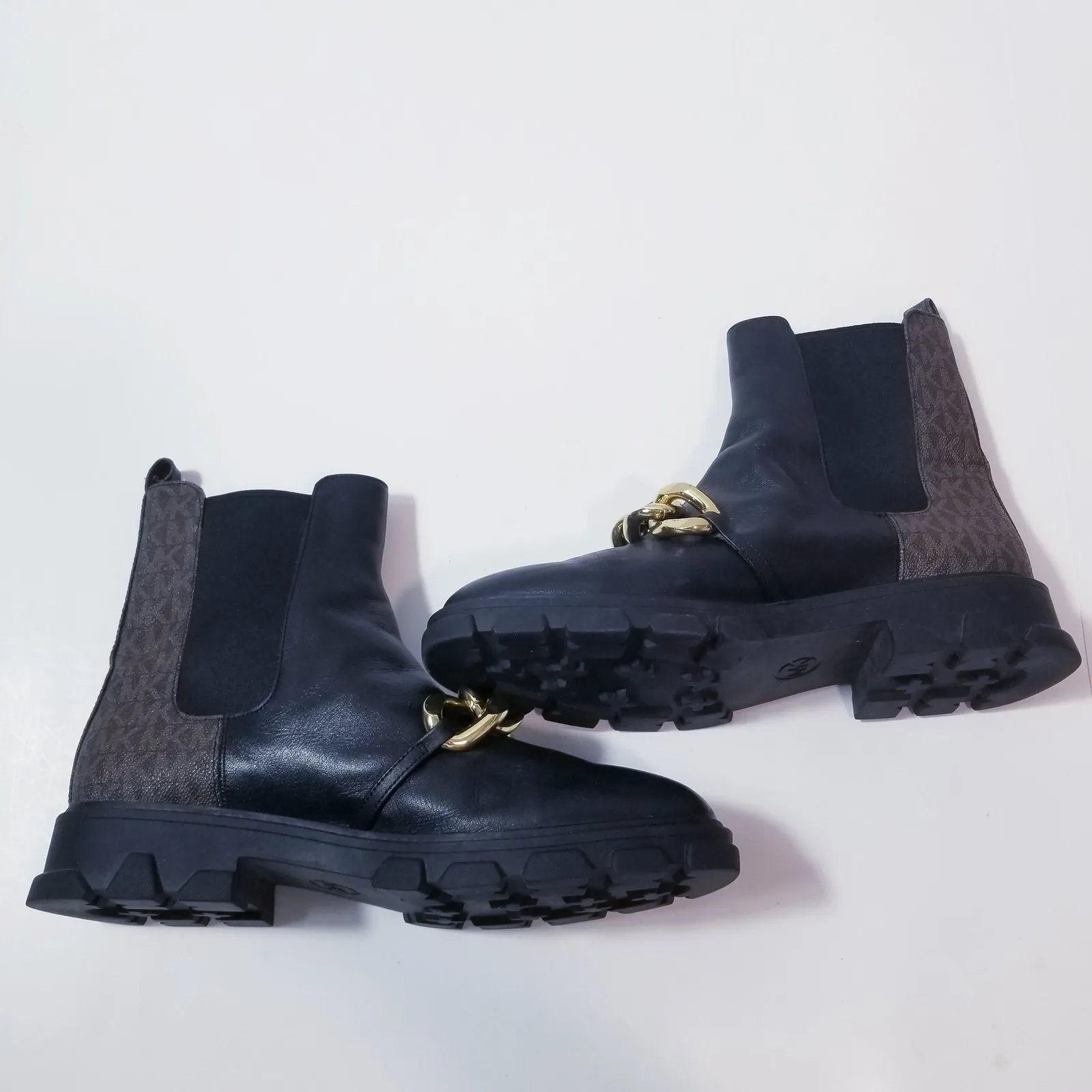 Michael Kors Women sz 10 Scarlett Boots w/ Gold Chains MK Monogram Lug Sole - Image 2