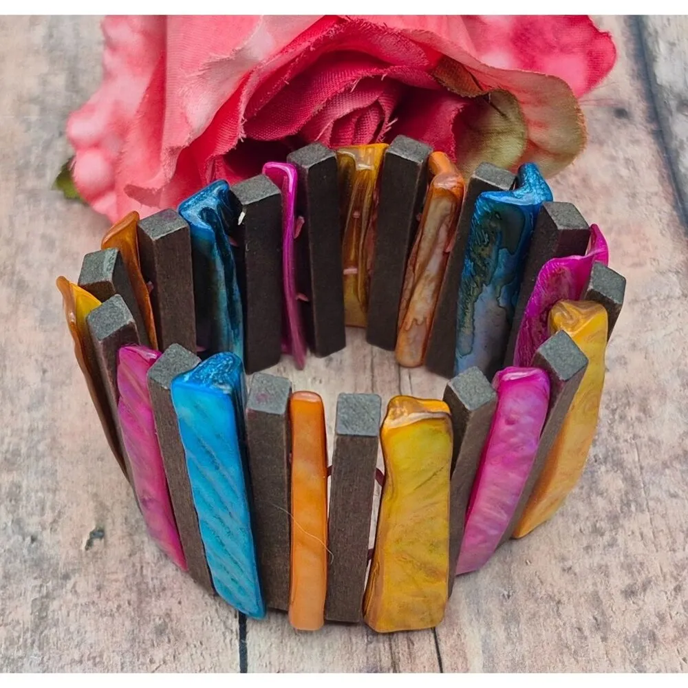 Bohemian Wood Bar & Dyed Abalone Shell Colorful Wide Stretch Bracelet Beach - Image 3
