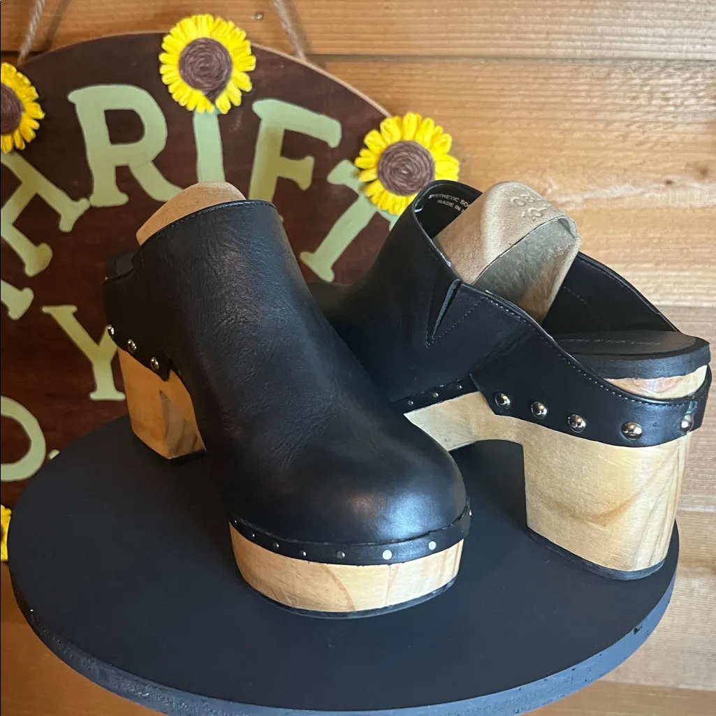 Chelsea & Violet Jana Black Leather Platform Wood Clog Gromit Slip On Mule 8 8.5 - Image 4