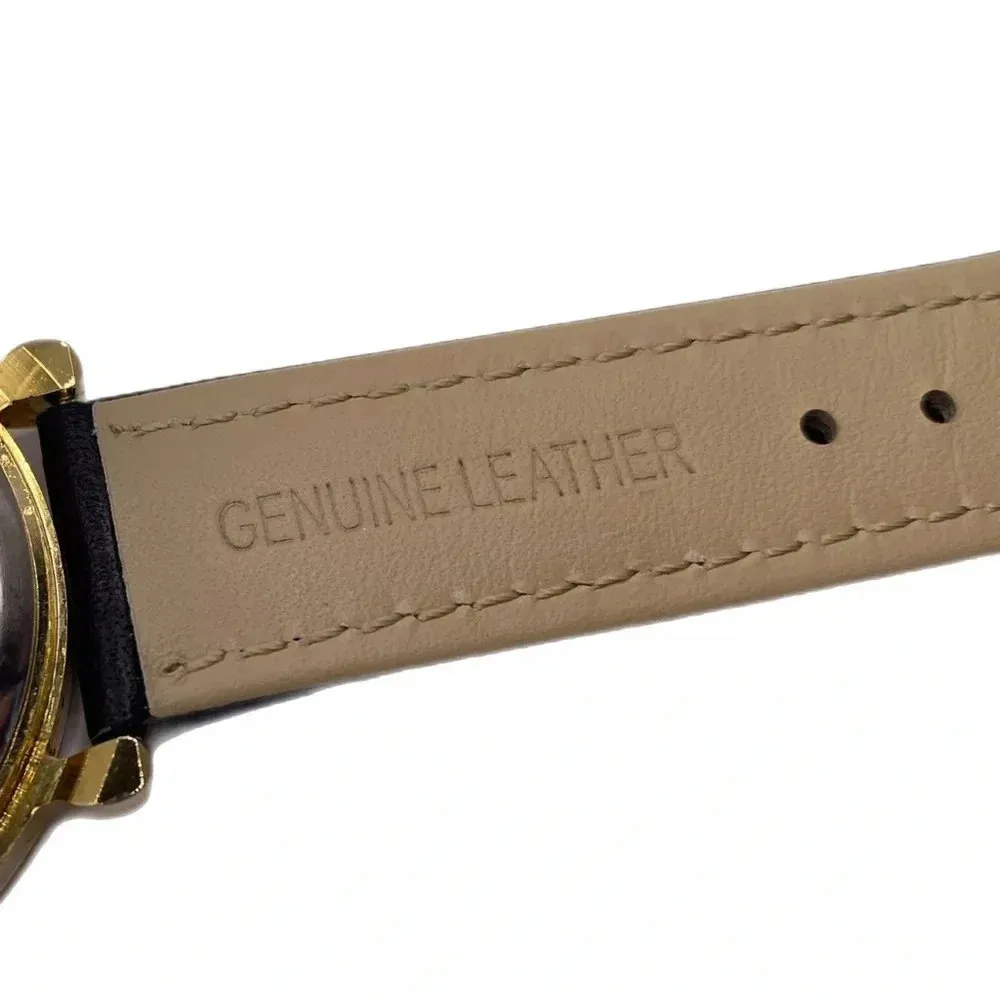 Vintage Christmas Watch Gold Tone Genuine Leather Band Holiday Elves New Battery Black - Image 10