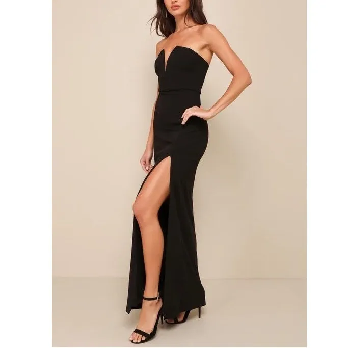 Lulus Black Strapless V Neck Slit Maxi Dress Formal Evening Occasion Size M - Image 12