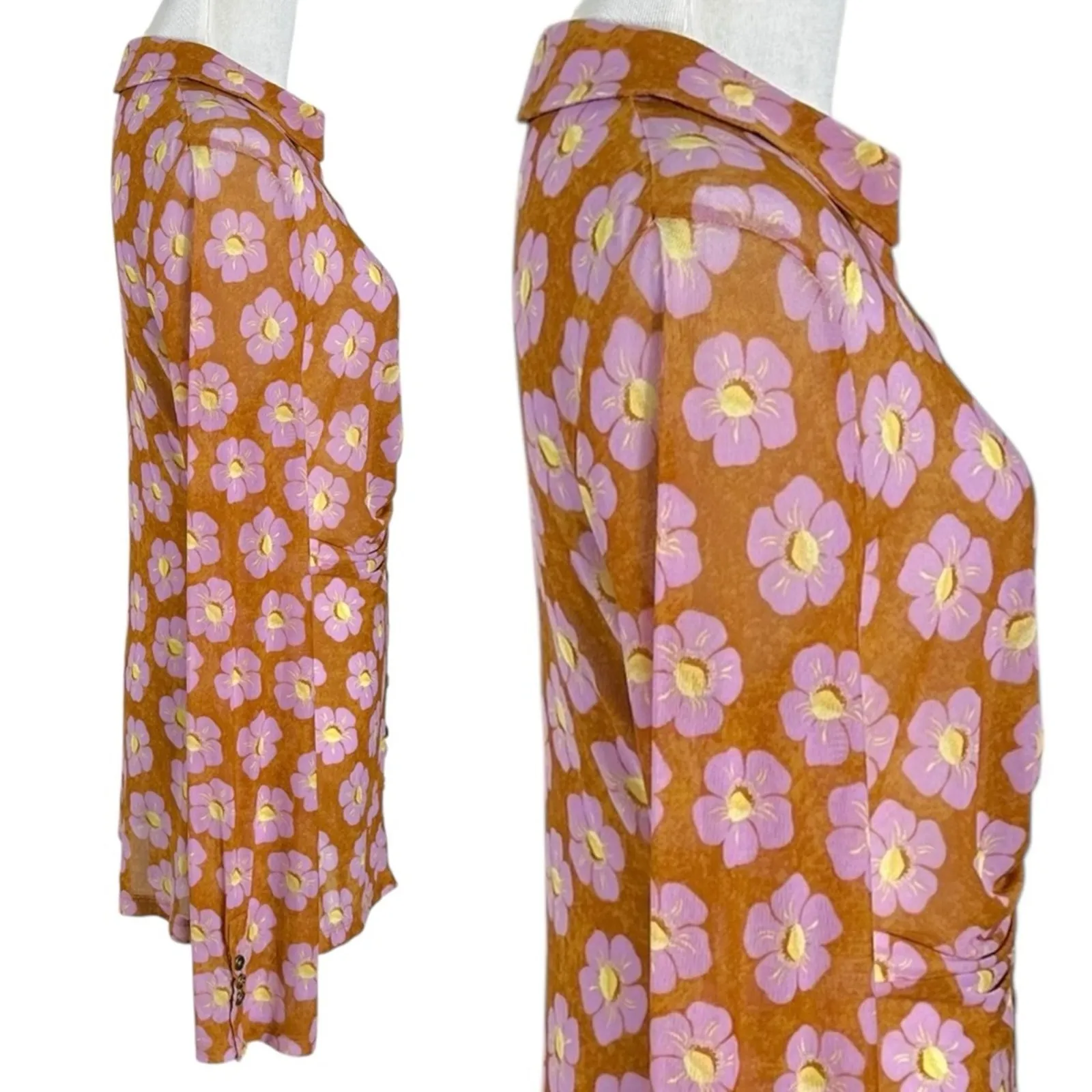 Free People Lucky Shirtee Floral Button Up Shirt Coffee Sheer Mesh 70s XS NWT - Image 8