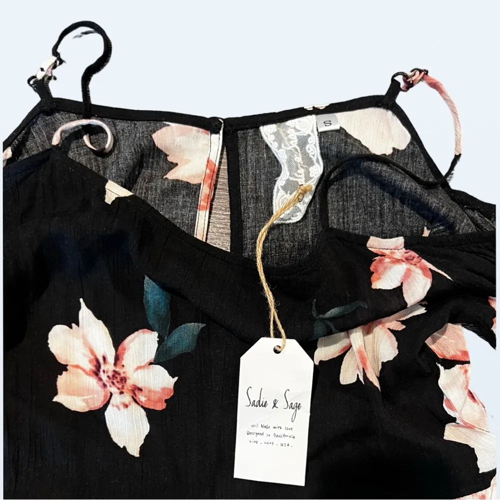 NWT Sadie & Sage Black Romper with Floral Pattern and Long Bell Sleeves, Small - Image 7