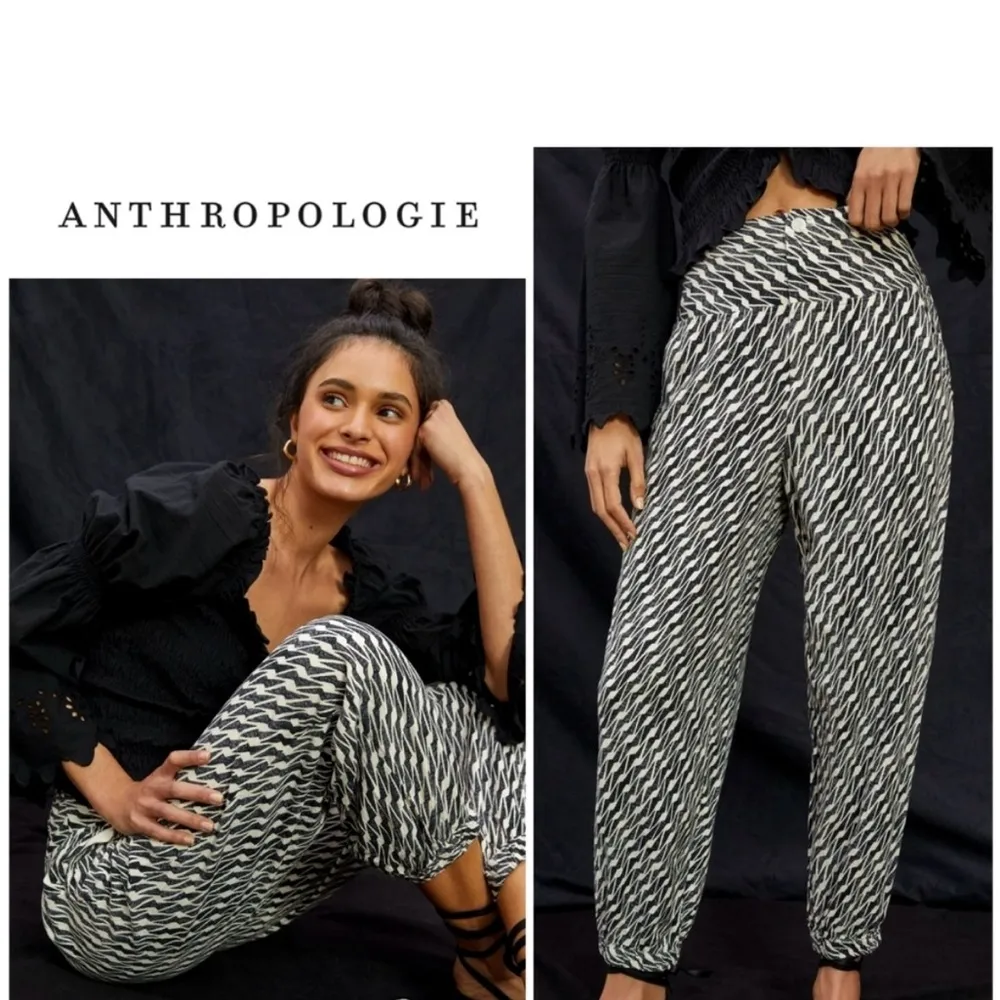 ANTHRO LINEN BLACK WHITE PRINT VISCOSE COMFY JOGGERS PANTS 2 - Image 3