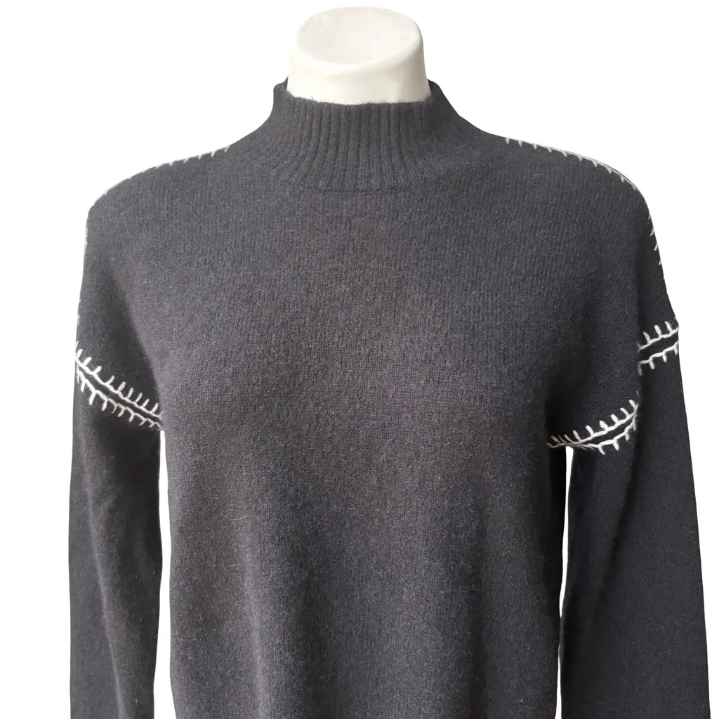 The Cashmere Project Black Mock Neck Cashmere Sweater w/White Stitch Trim, Sz L Size L - Image 7