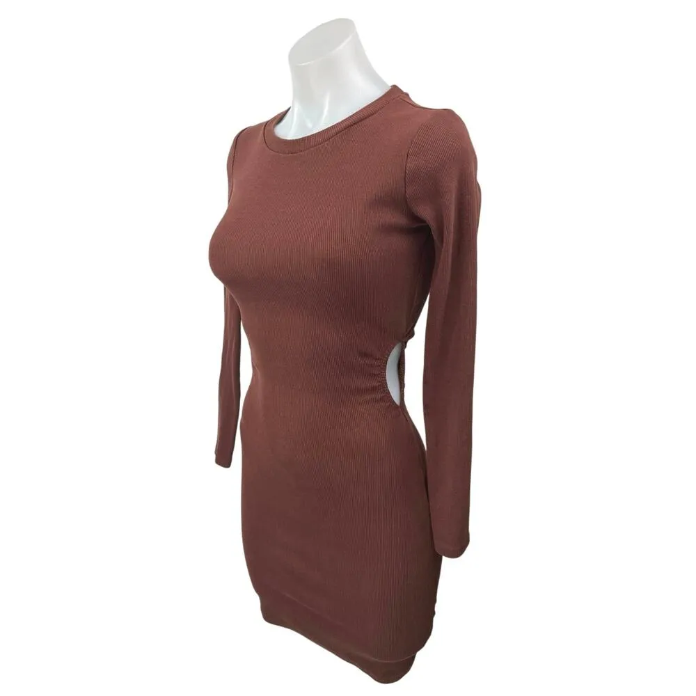 Zara Women's Brown Rib Knit Cutout Long Sleeve Mini Bodycon Sweater Dress Size S - Image 4