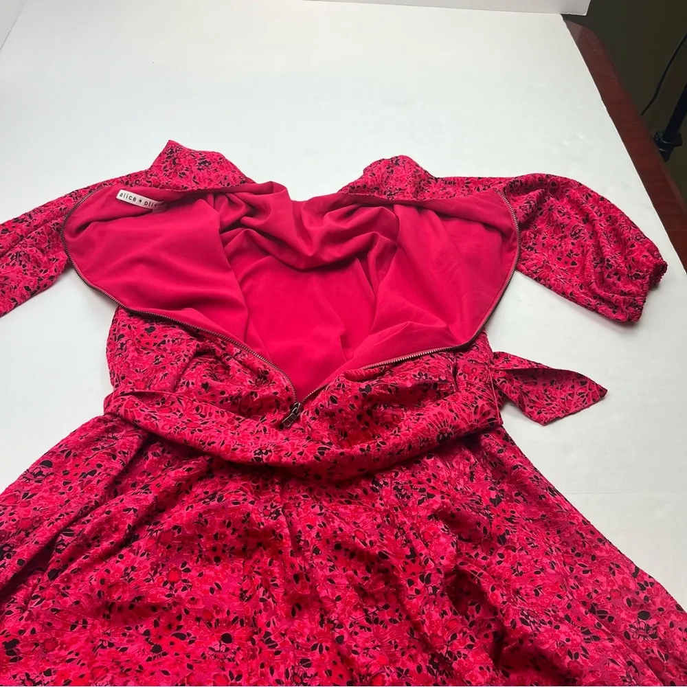 Alice + Olivia Mina Puff-Sleeve Godet Dress w/ Belt Womens 8 Pink Red As Seen On - Image 13